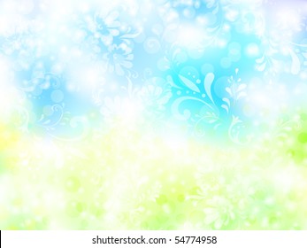 bright shining background with floral elements in light blue and green