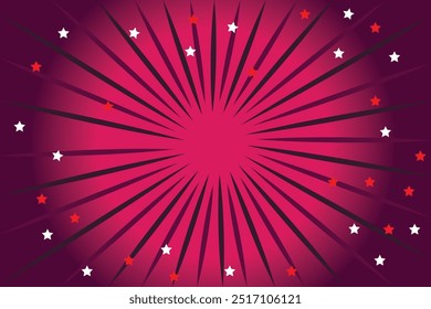 Un fondo brillante y brillante con los rayos del sol y las estrellas en el amanecer rojo oscuro