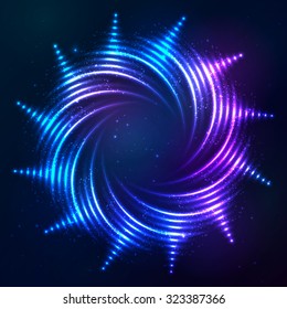 Bright shining blue neon vector spiral sun at dark cosmic background