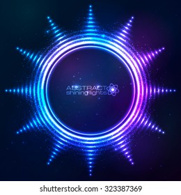 Bright shining blue neon vector sun at dark cosmic background
