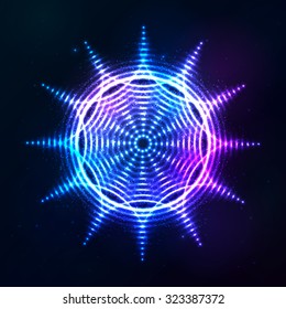 Bright shining blue neon vector sun at dark cosmic background