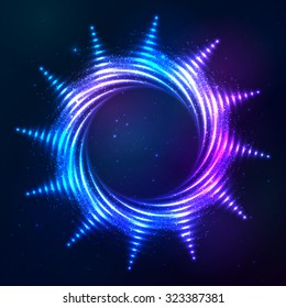 Bright shining blue neon vector spiral sun at dark cosmic background