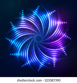 Bright shining blue neon vector spiral at dark cosmic background