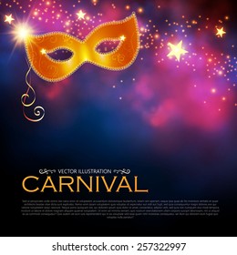 Bright shining carnival poster with mask. Vector illustration