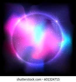 Bright, shining, colorful space background with stars and planet. Astronomy, astrology, alchemy and magic texture. Background for postcards, posters, prints, greeting cards and t-shirts.