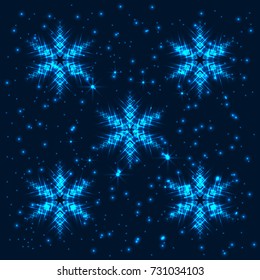 Bright, shining and glaring abstract background with 5 snowflakes. Beautiful decorative cosmic stars on dark background. Vector EPS10 file.