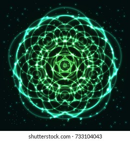 Bright, shining and glaring abstract mandala. Beautiful decorative cosmic background. Abstract glowing green flower. Vector EPS10 file.