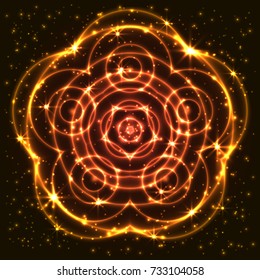 Bright, shining and glaring abstract mandala. Beautiful decorative cosmic background. Abstract glowing yellow flower. Vector EPS10 file.