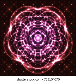 Bright, shining and glaring abstract mandala. Beautiful decorative cosmic background. Abstract glowing pink flower. Vector EPS10 file.