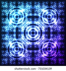 Bright, shining and glaring abstract pattern with circles. Beautiful decorative rounds on dark cosmic background. Vector EPS10 file.