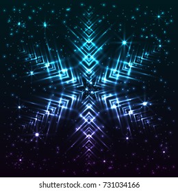 Bright, shining and glaring abstract snowflake. Beautiful decorative cosmic star on dark background. Vector EPS10 file.