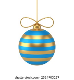 Bright shining golden and blue metallic luxury decorative ball with bow and rope hanging 3d template vector illustration. Beautiful New Year bauble Christmas tree toy decor winter holiday celebrating
