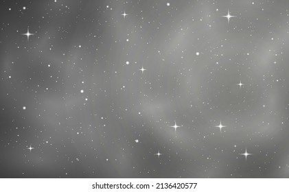 Bright shining light stardust in the universe. Astrology horizontal gray star background. Dark starry night landscape in fog. Cosmos, galaxy. Realistic cluster of stars in space. Vector illustration. 