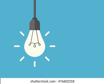 Bright shining lightbulb with rays hanging on wire, blue background. Energy, idea and insight concept. Flat design. Vector illustration. EPS 8, no transparency