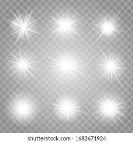 Bright shining stars collection with illuminated glowing lights on transparent background. Isolated vector illustration