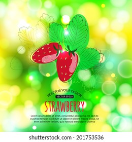Bright shining summer background with hand drawn strawberry and place for text.