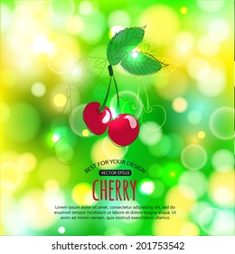 Bright shining summer background with hand drawn cherry and place for text.