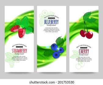 Bright shining summer vertical banners with hand drawn berries and place for text.