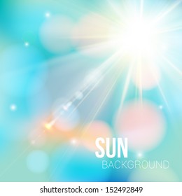 Bright shining sun with lens flare. Soft background with bokeh effect. Vector illustration.