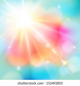 Bright shining sun with lens flare. Soft background with bokeh effect. Vector illustration.