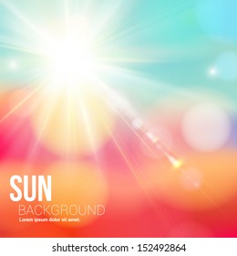 Bright Shining Sun With Lens Flare. Soft Background With Bokeh Effect. Vector Illustration.