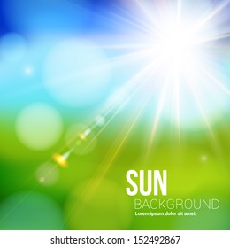 Bright shining sun with lens flare. Soft background with bokeh effect. Vector illustration.