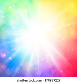 Bright shining sun with lens flare. Soft background with bokeh effect. Vector illustration. 