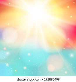 Bright shining sun with lens flare. Soft background with bokeh effect. Vector illustration. 