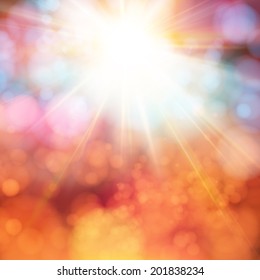 Bright shining sun with lens flare. Soft background with bokeh effect. Vector illustration. 