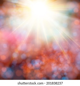 Bright shining sun with lens flare. Soft background with bokeh effect. Vector illustration. 