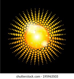 Bright shining sun on a black background. Vector