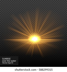 Bright Shining Sun/star. Isolated On Black Background. Sunrise Over The Water. Vector Illustration, Eps 10.