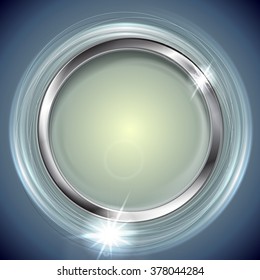 Bright shiny background with metal circle frame. Vector graphic design illustration