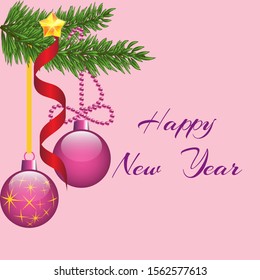 Bright shiny balls, spruce branch and festive tinsel, text happy new year, greeting card, banner, vector illustration