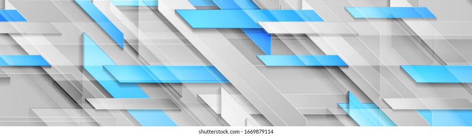 Bright shiny blue and grey technology geometric abstract background. Vector web banner design