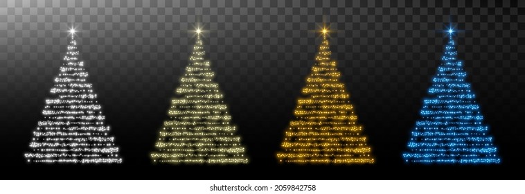 Bright shiny design of a Christmas tree on png background. Glowing Christmas tree as a symbol of Happy New Year, Merry Christmas. Glowing decoration for cards and congratulations. Vector illustration.