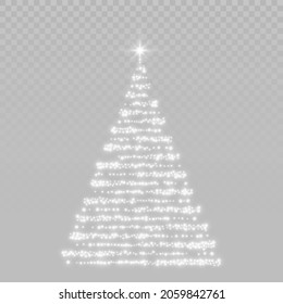 Bright shiny design of a Christmas tree on png background. Glowing Christmas tree as a symbol of Happy New Year, Merry Christmas. Glowing decoration for cards and congratulations. Vector illustration.