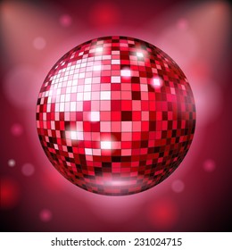 Bright shiny disco ball, red background