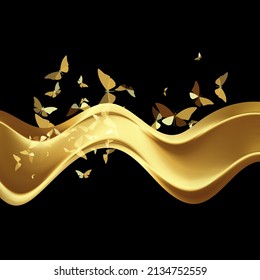 Bright shiny golden smooth wave with butterflies on a dark background. design element