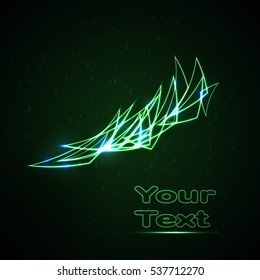 Bright shiny green triangles. Triangles on a dark background. Abstract polygonal background. Glowing lights effect