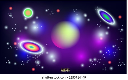 Bright and shiny space design with universe, planet, glow nova star on the dark backdrop. Can be used for poster, flyer design as a galaxy background.
