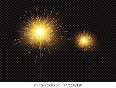 Bright shiny sparkling Bengal light fireworks isolated on black background. Christmas Vector illustration EPS10