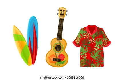 Bright Shirt with Palm Leaves and Surfboard as Hawaiian Symbols Vector Set