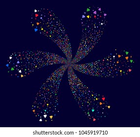 Bright Shit Flies curl flower cluster on a dark background. Vector abstraction. Psychedelic twirl created from random shit flies items.