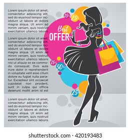 bright shopping background with elegant woman silhouette and shopping bags