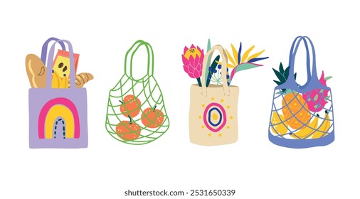 Ilustración de bolsa de compras brillante con comestibles vibrantes, frutas y flores. Un diseño moderno de Vector plano dibujado a mano para campañas ecológicas, promociones de vida sostenible o marca de estilo de vida. 