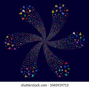 Bright Shopping Cart swirl twist on a dark background. Vector abstraction. Hypnotic curl combined from scattered shopping cart objects.