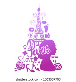Bright Shopping in Paris. Eiffel Tower hand drawing. Vector Illustration of shopping icons illustration isolated on white background.