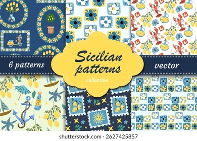 Bright Sicilian vector patterns with lemons, flowers, scooter and marine details. Perfect for summer packaging, fabric design and Mediterranean prints.