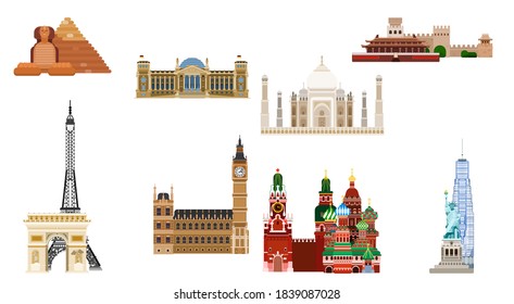 bright sights of the world. flat style exotic buildings. vector